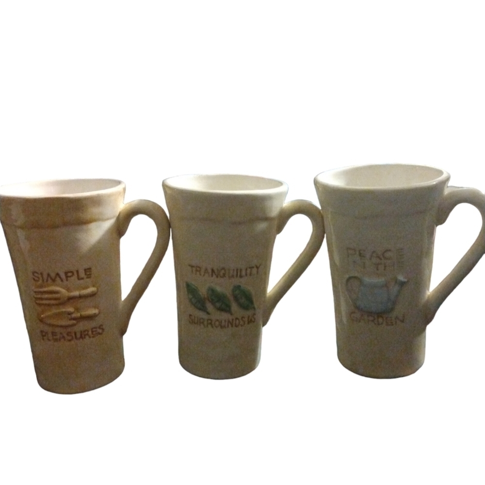 3 Lg. Ceramic Mugs: Tranquility, Simple Pleasures, & Peace Gardens Themed 6.5"